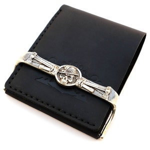 Cartera de cuero minimalista Crazy Skull con marco de latón, billetera de piel de becerro con marco de latón de calavera para hombres y mujeres