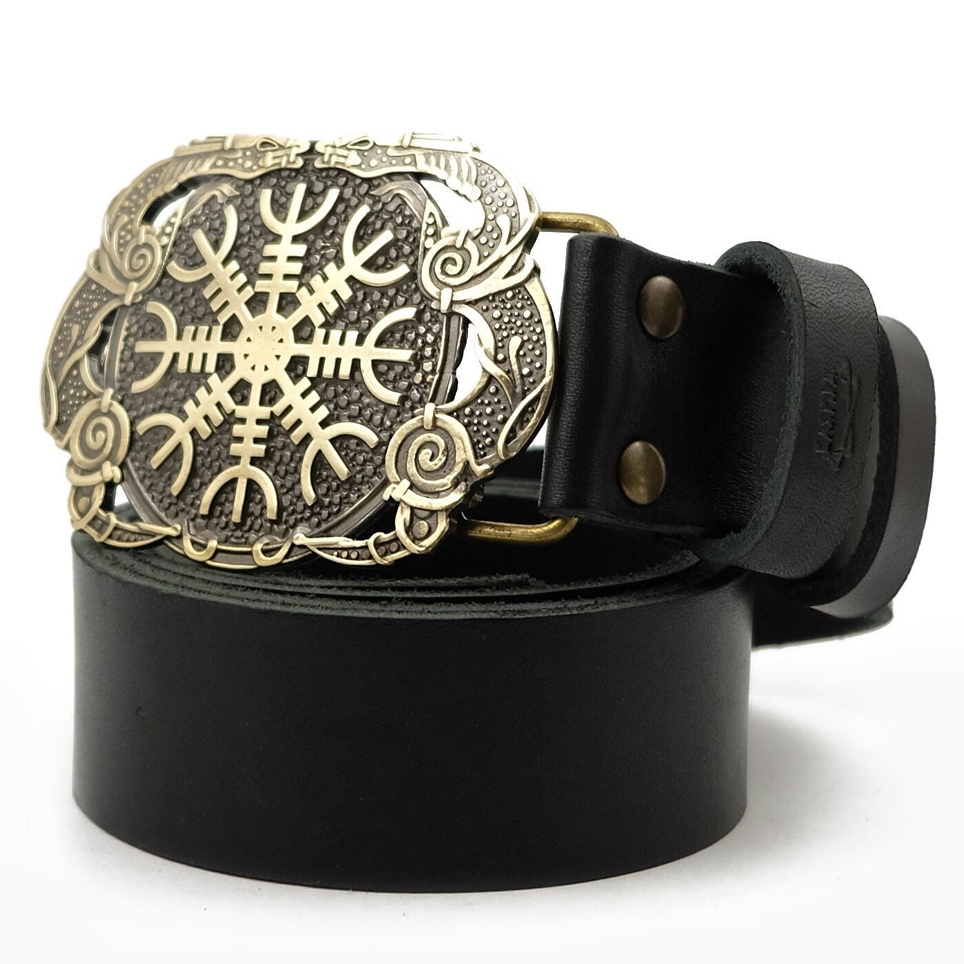 Leather Belt With Helm of Awe Buckle, Viking Helm of Terror