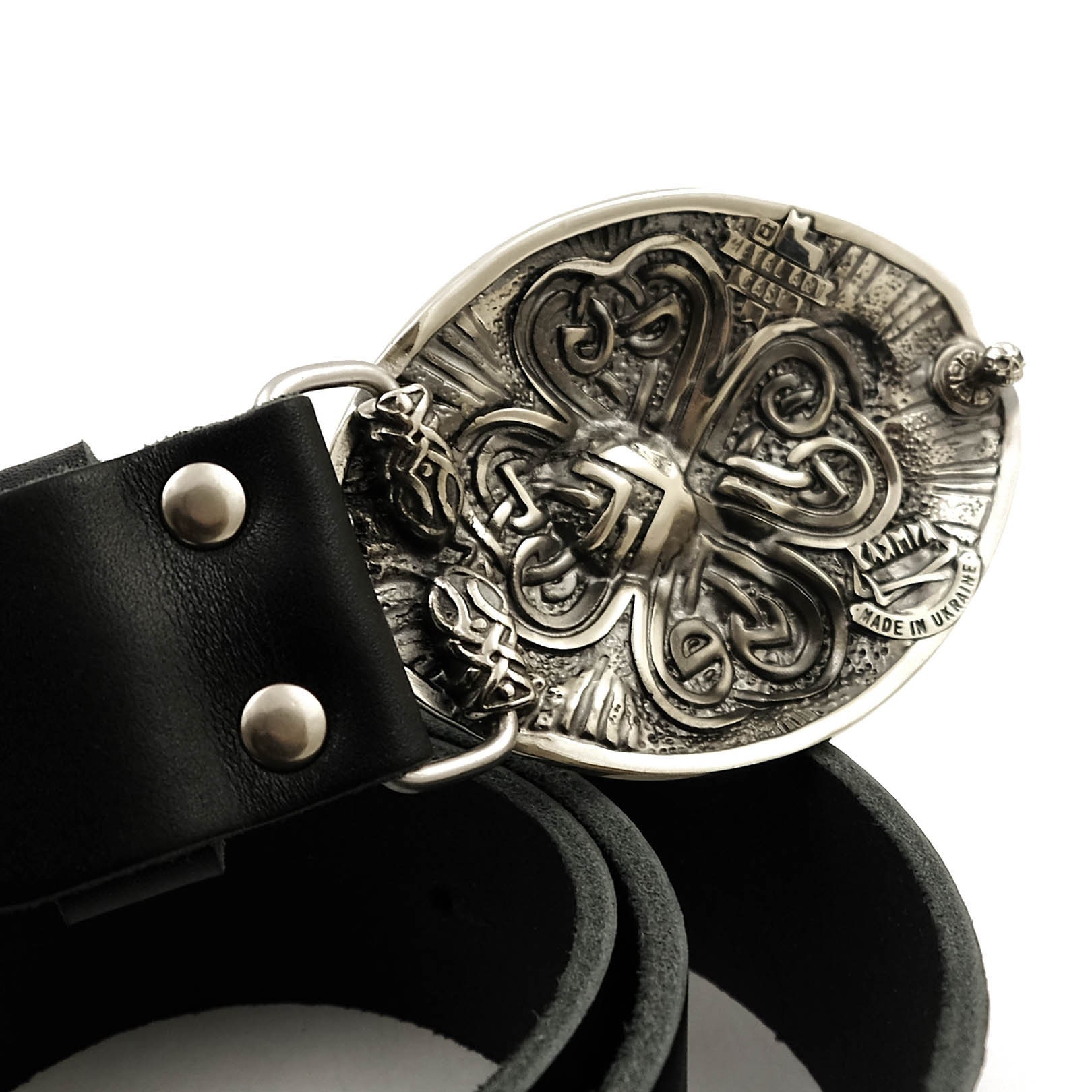 Leather Belt With Lucky Belt Buckle, Irish Four Leaf Clover