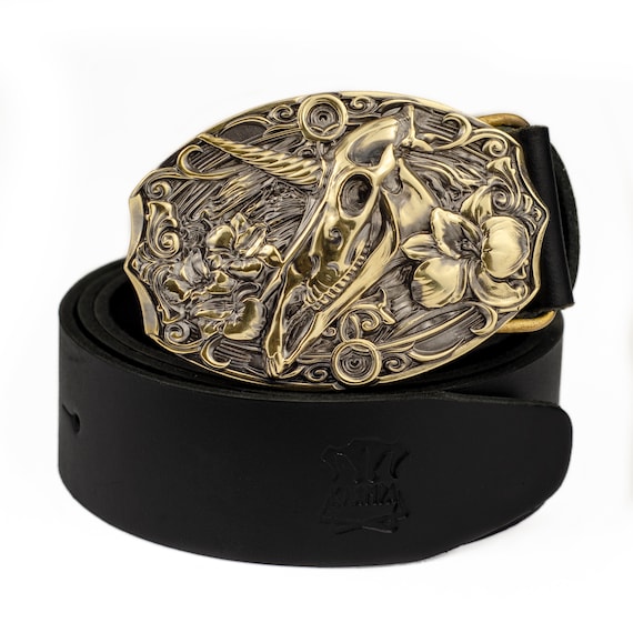 Leather Belt With Solid Buckle Unicorn, Handmade Immortal