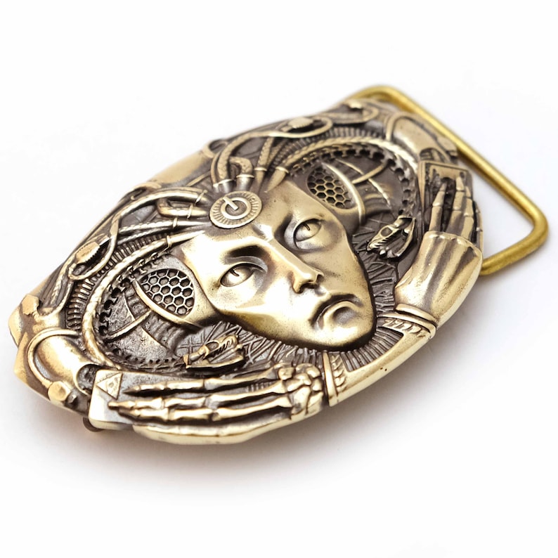 Medusa Gorgon belt buckle, Giger art inspiration modern mythological creature, snake head Gorgo solid brass belt buckle image 2
