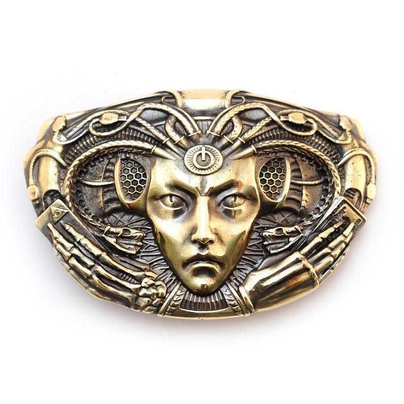 Medusa Gorgon belt buckle, Giger art inspiration modern mythological creature, snake head Gorgo solid brass belt buckle only buckle