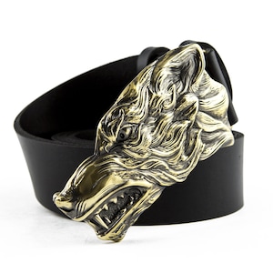 Leather belt with Grey Wolf buckle, Handmade animal wolf head solid belt buckle, American wolf pack leader belt buckle for casual belt