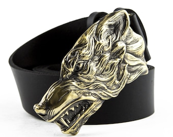 Leather Belt With Grey Wolf Buckle, Handmade Animal Wolf  display picture 2
