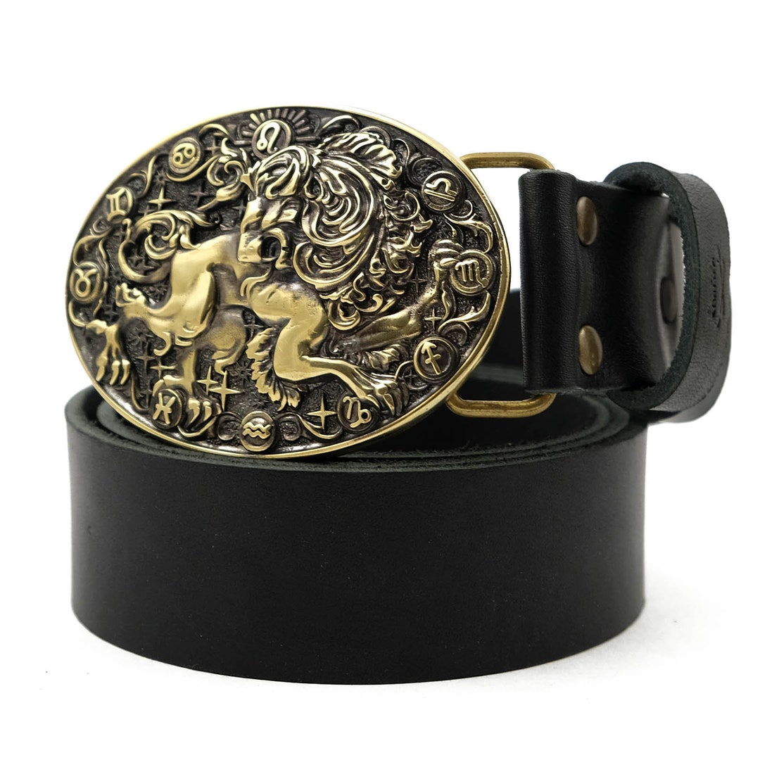 Leather Belt With Leo Buckle, Lion Horoscope Astrological Zodiac