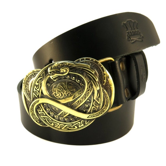Leather Belt With Jormungandr Buckle , Scandinavian Nordic Celtic