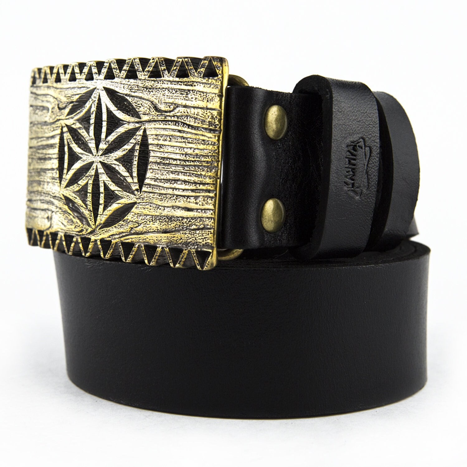 Leather Belt With Buckle Engraved, Ukrainian Carvings Style Solid