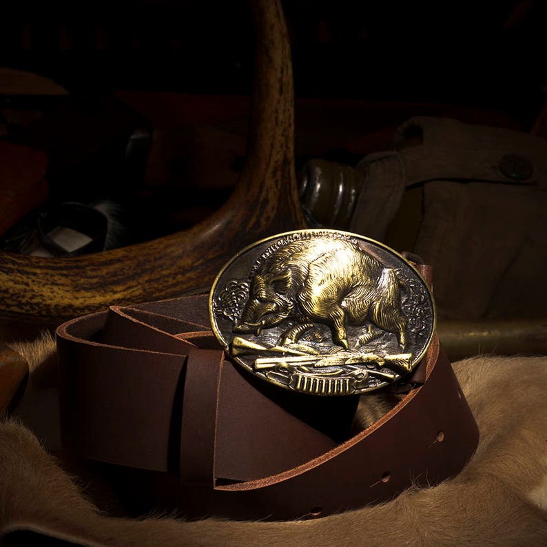 Leather belt with solid brass buckle Wild boar hunting Etsy