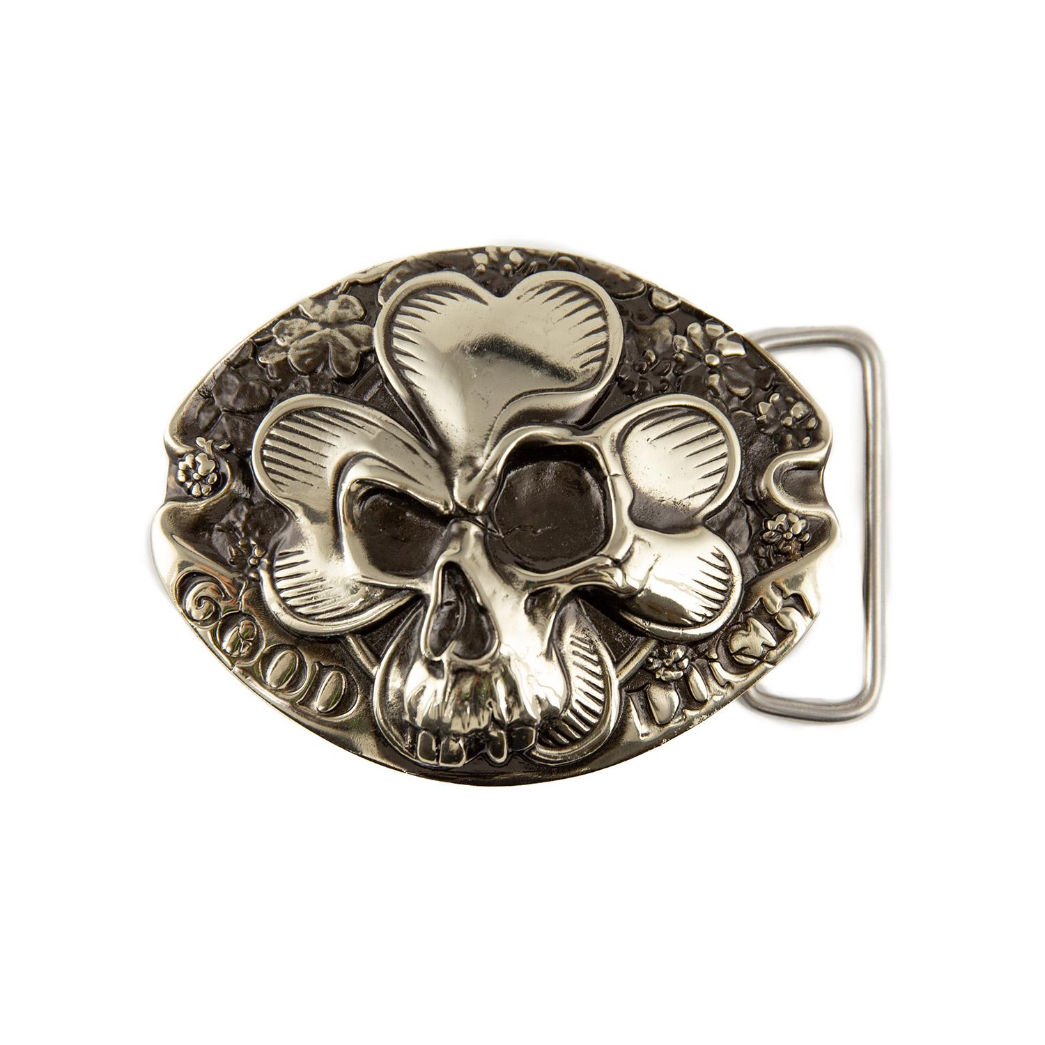 Lucky German silver belt buckle, Irish St Patrick four leaf clover with human skull, Celtic Saint Patrick's Day belt buckle