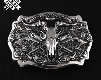 925 Sterling Silver Belt buckle Buffalo Skull, Longhorn Cattle Buffalo Skull Tribal Native American Cowboy Western men Silver belt buckle