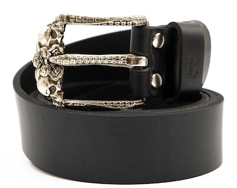 Leather Belt With Skulls and Roses, Human Skulls Frame Solid