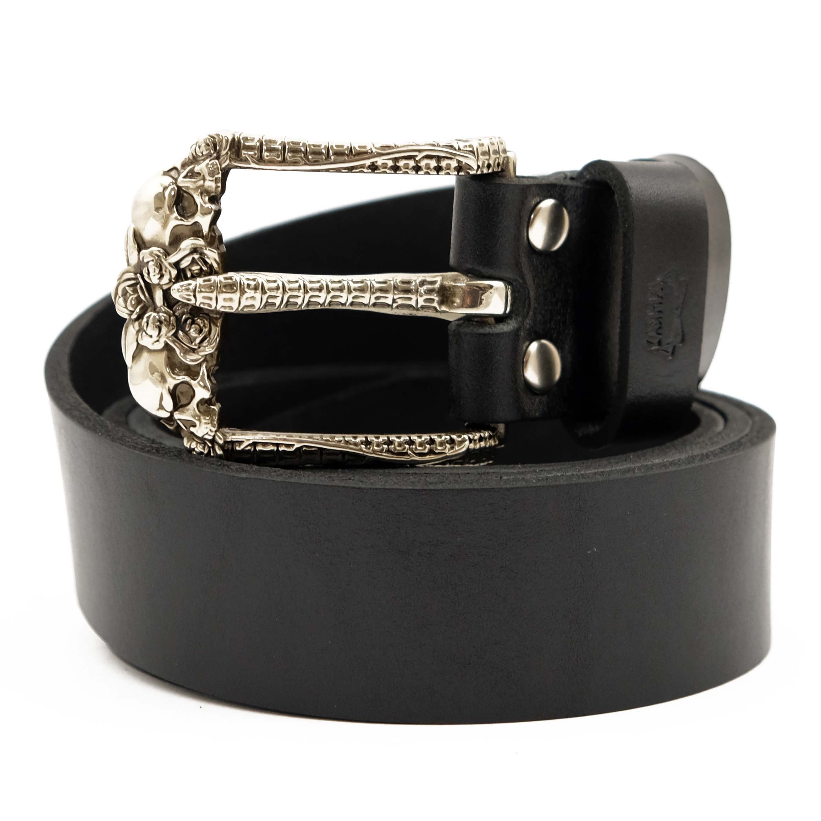 Leather Belt With Skulls and Roses, Human Skulls Frame Solid