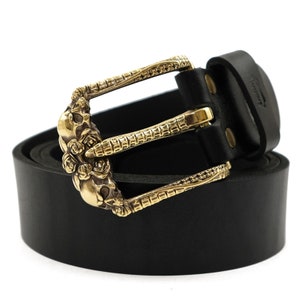Leather belt with brass buckle Skulls and Roses, Solid brass pin type belt buckle with skulls, human skulls and roses for 1.5 inch belt