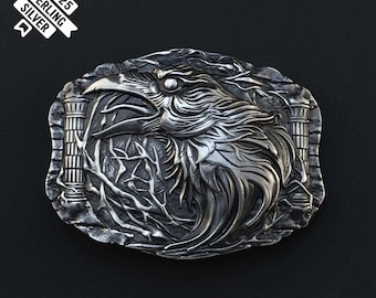 Boucle de ceinture corbeau, vieux norrois scandinave Odin's Huginn et Muninn corbeaux solide 925 boucle de ceinture en argent sterling