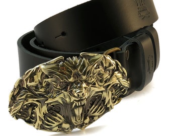 Leather belt with handmade buckle Cerberus, Multi-headed Hound of Hades dog solid belt buckle on leather belt