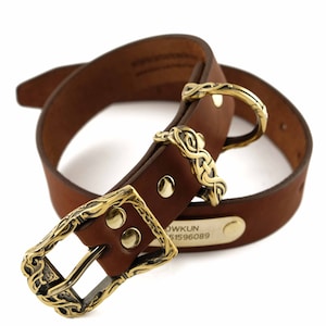 Personalized dog collar Odins wolves, Scandinavian Celtic Viking style tan leather dog collar, Puppy collar with custom brass necklace