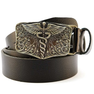 Leather belt with handmade buckle Caduceus, Medical Corps symbol, two serpents entwined, solid belt buckle on leather belt