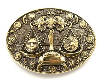 Bouwerie Lane Brass‎ Belt Buckle Libra Balance Celestial Vintage Round Horoscope Brass Celestial & Horoscope Original Vintage Belt Buckles  main image 2