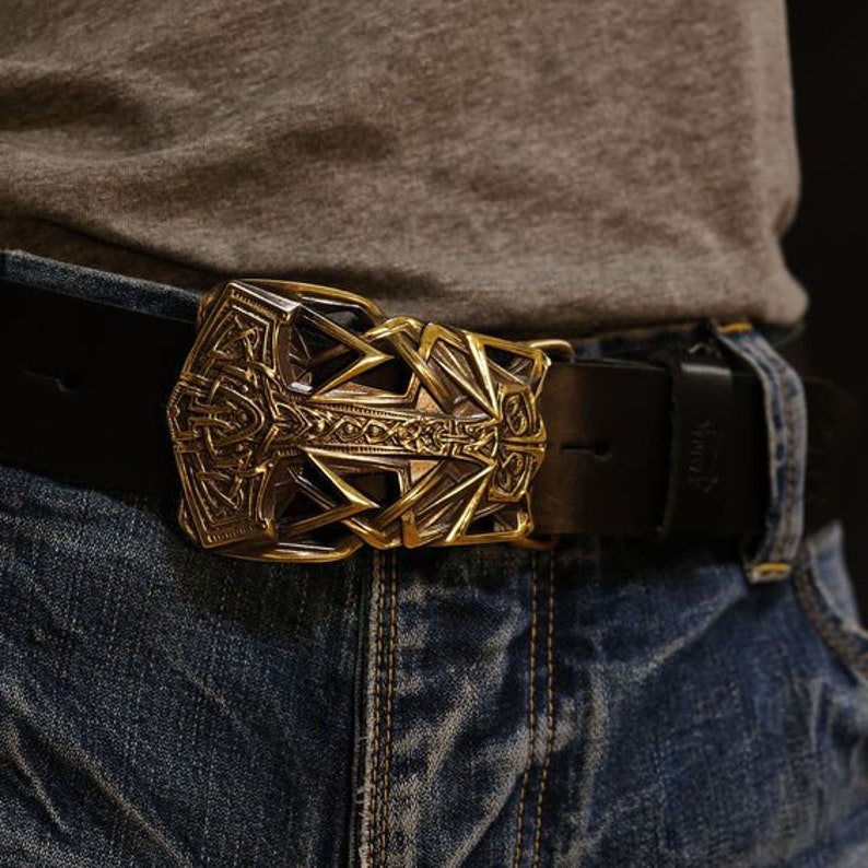 Scandinavian Old Norse Viking Mjolnir belt buckle on leather strap Leather belt with buckle Thor Hammer