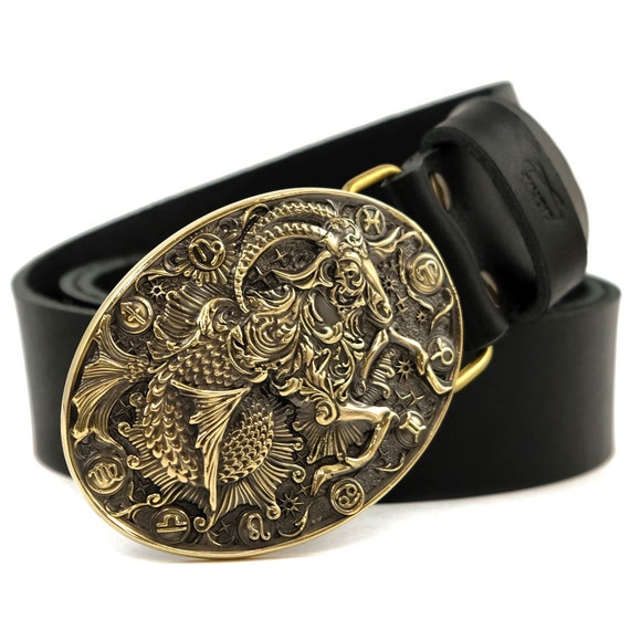 Leather Belt With Capricorn Belt Buckle, Sea Goat Horoscope