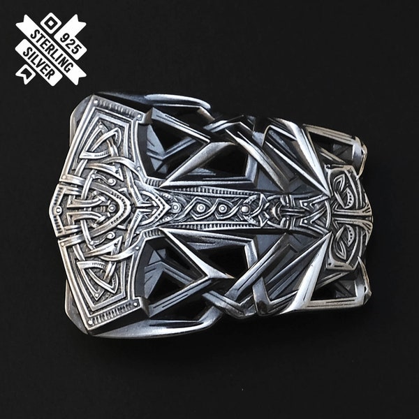 Belt buckle Thor's Hammer, Scandinavian Old Norse Viking Mjolnir Sterling silver belt buckle, Viking Age mythology god's weapon belt buckle