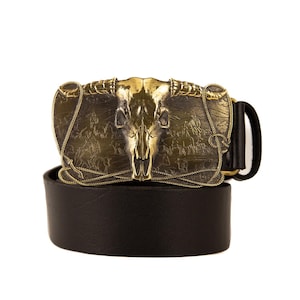 Cintura in pelle da cowboy con fibbia in ottone, teschio di bufalo, teschio di bovino Texas Longhorn, cintura da uomo in stile rodeo, ranch western americano