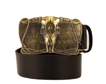 Leather belt Cowboys Trophy with brass belt buckle, Buffalo Skull, Texas Longhorn Cattle Skull American Western ranch rodeo style mens belt