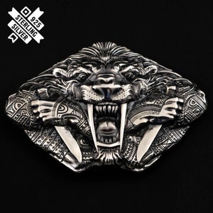 Belt buckle Steel fangs, Animal belt buckle; saber toothed cat buckle; solid 925 sterling silver belt buckle; tiger buckle; Wild cat buckle