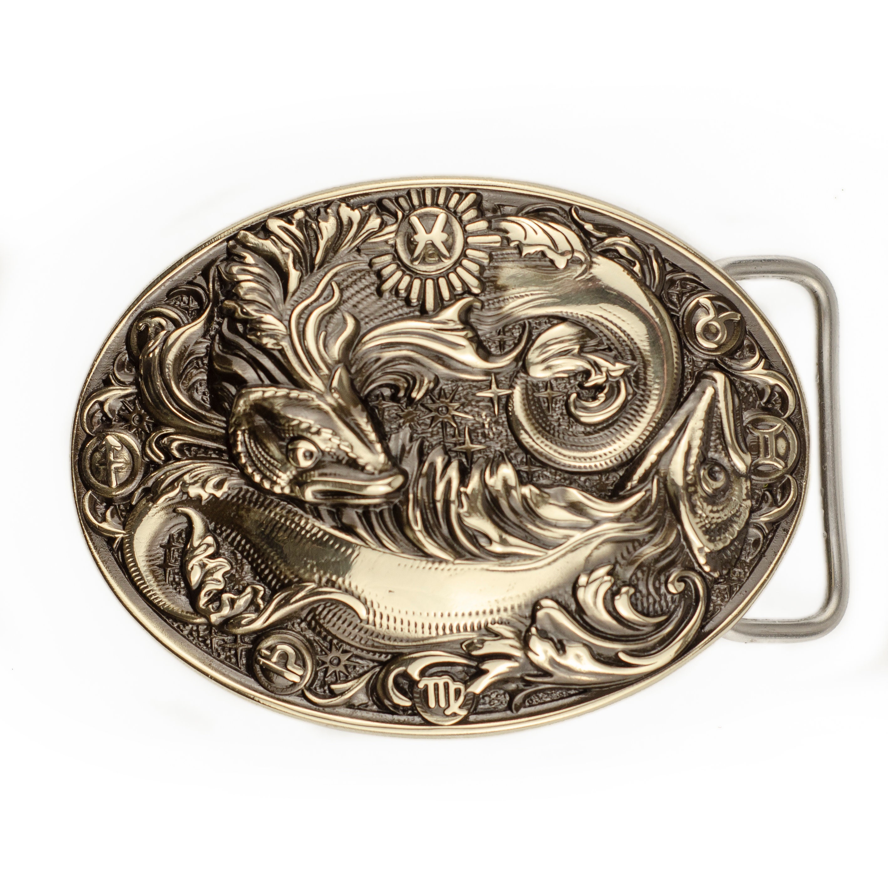 Unbranded Vintage Pisces Zodiac Belt Brown Leather Brass Buckle Vintage‎ Boho 1970s Pisces Zodiac Buckle Hippie Belt, Tooled Leather Belt  main image 2