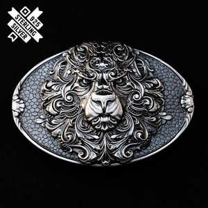 Belt buckle King Lion, Handmade animal male lion head solid 925 Sterling Silver belt buckle