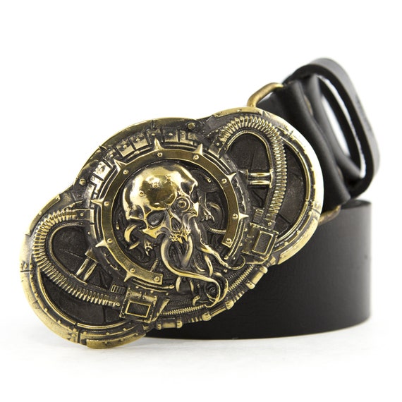 Leather belt with brass buckle Alien, Steampunk buckle, Skull belt buckle,  UFO belt buckle, Davy Jones buckle Cthulhu buckle -  Portugal