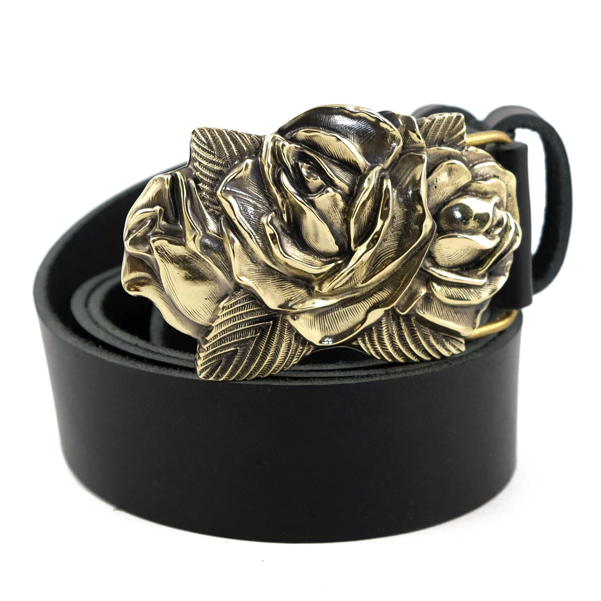 Leather Belt With Brass Buckle Rose American Beauty 