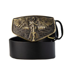 Leather Belt with Archangel Michael large buckle, Leather Belt Men, Saint Michael buckle with Full Grain Leather Belt, Tyrael gift