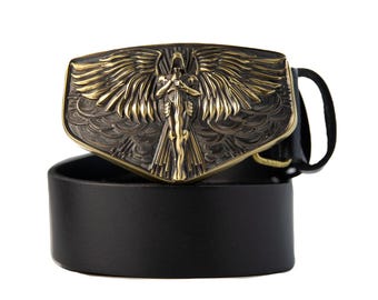 大天使ミカエルの大きなバックル付きレザーベルト、メンズレザーベルト