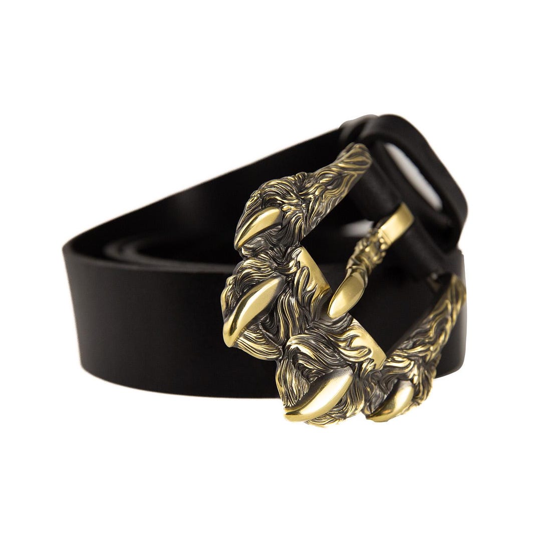 Leather Belt With Solid Brass Belt Buckle Wolftrack, Wolf Paw With