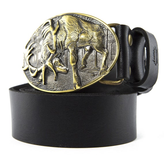 Leather Belt With Solid Brass Buckle Deer Hunting, Hunter Leather Belt With Solid Brass Buckle Deer Hunting, Hunter