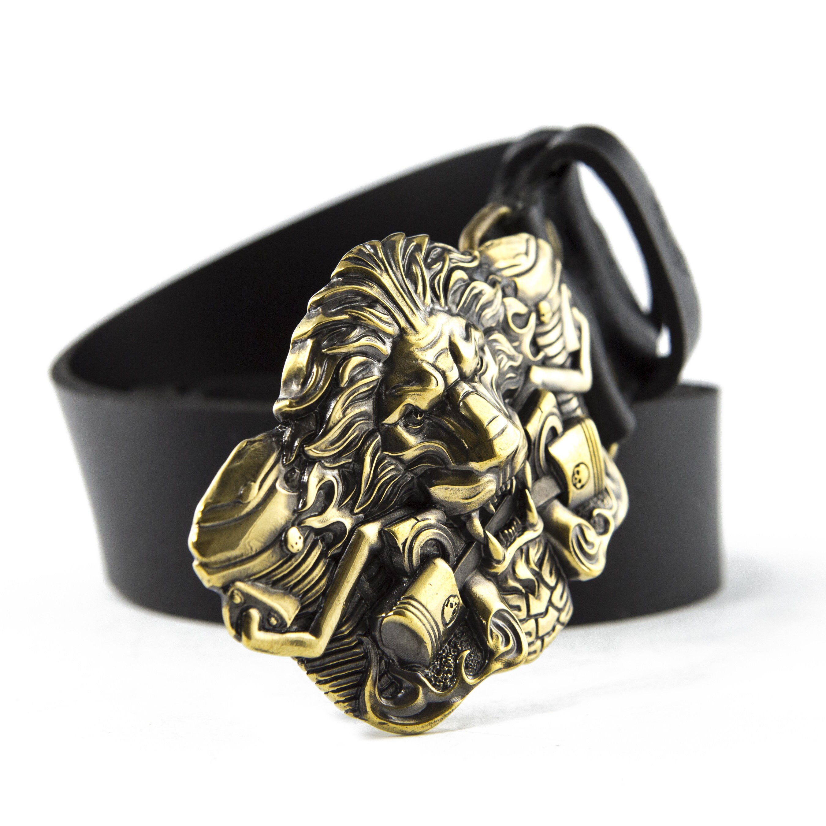 Leather Belt With Solid Belt Buckle Burning Lion, Handmade