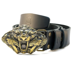 Leather belt with handmade buckle “Steel fangs”, Solid belt buckle, Animal belt buckle; saber toothed cat buckle; tiger buckle;