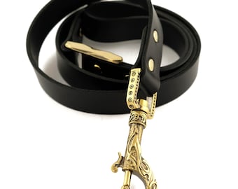 Leather Dog Leash, Scandinavian Viking Style Brass Hardware, Runes