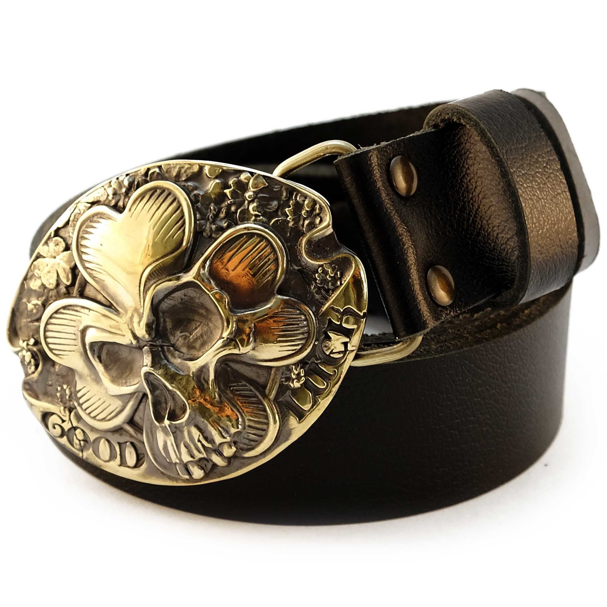 Leather Belt With Lucky Belt Buckle, Irish Four Leaf Clover Lucky