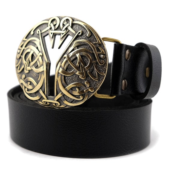 Leather Belt With Algiz Runic Buckle, Life Rune Celtic Old