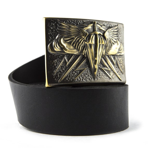 Leather Belt With Handmade Brass Buckle Paratroopers Emblem