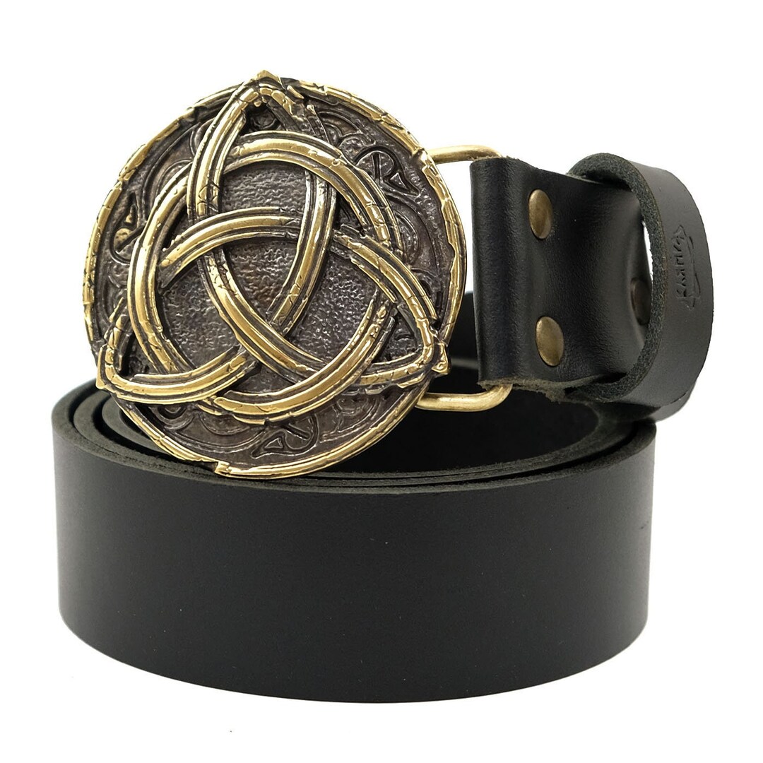 Ceinture Médiévale En Cuir Pleine Fleur - Boucle En étain Triangles Enchevêtrés, Neuve