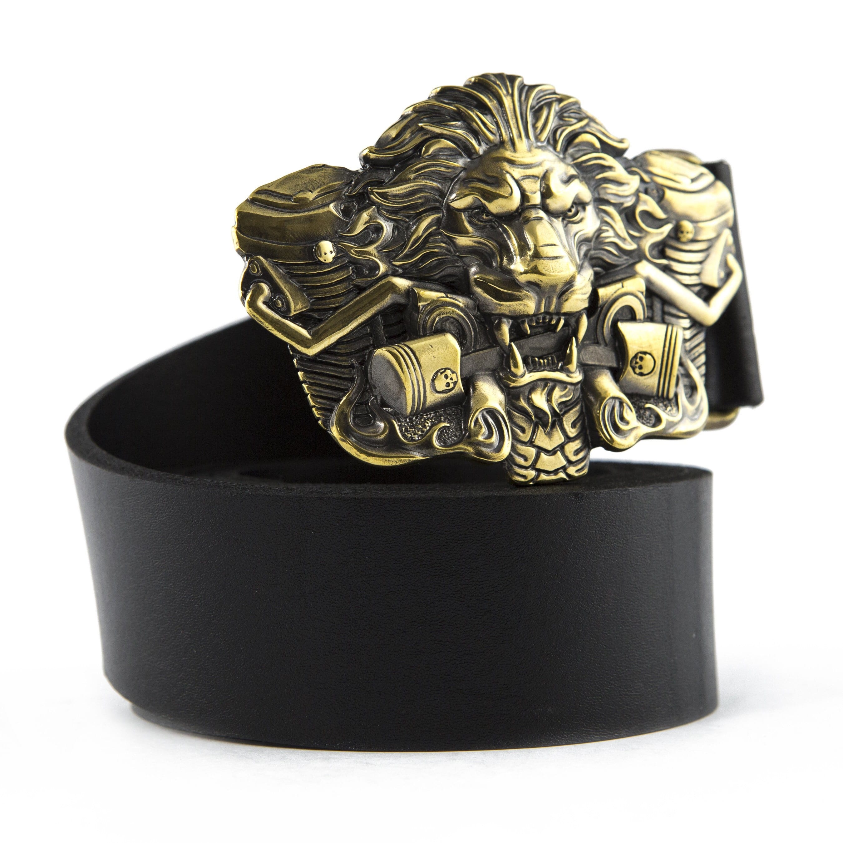 Leather Belt With Solid Belt Buckle Burning Lion, Handmade