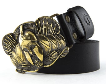 Leather belt with brass buckle Spartan, Ancient Greece warrior military belt buckle, King Leonidas and 300 Spartans solid brass belt buckle