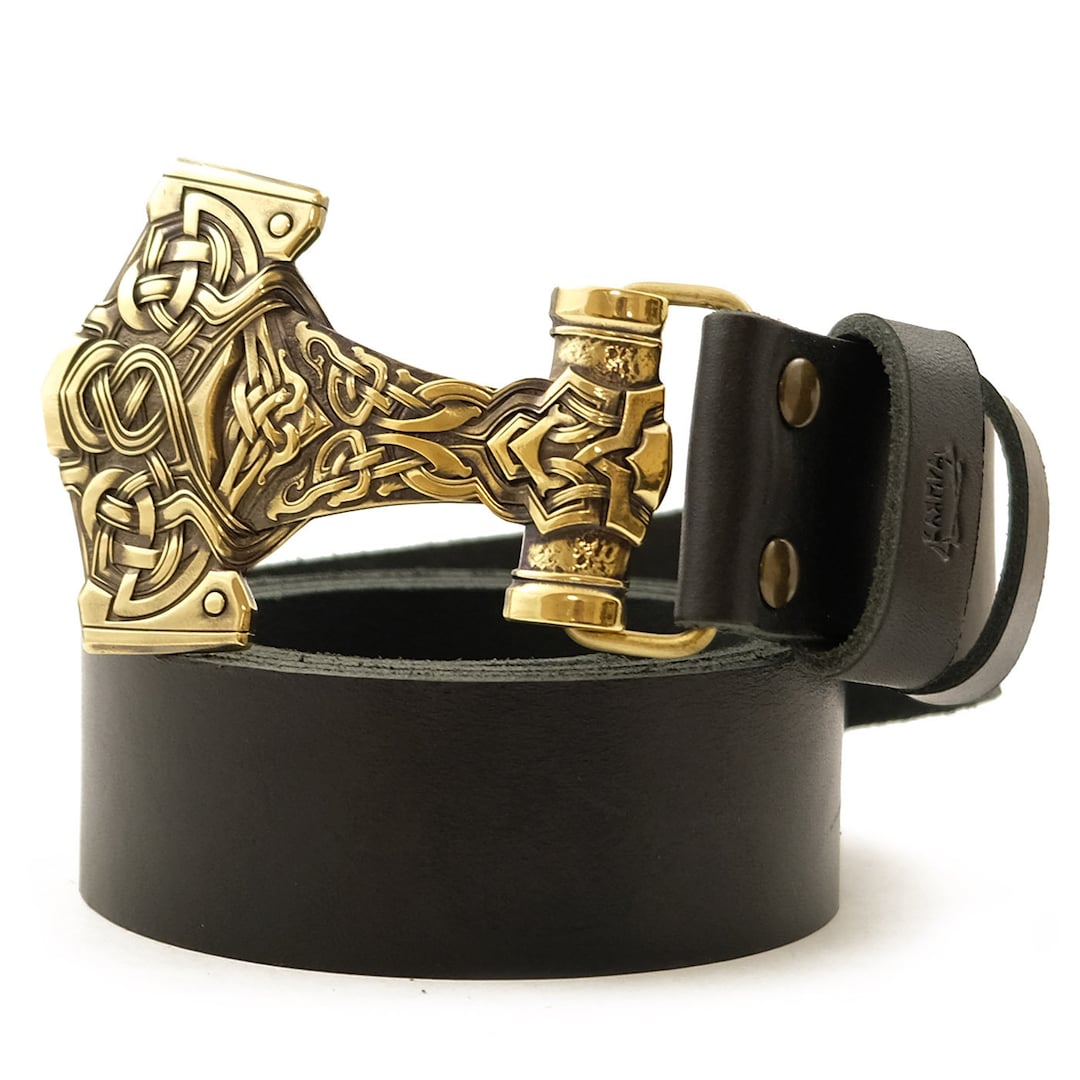 Leather Belt With Thor Hammer Buckle, Scandinavian Old Norse Viking ...