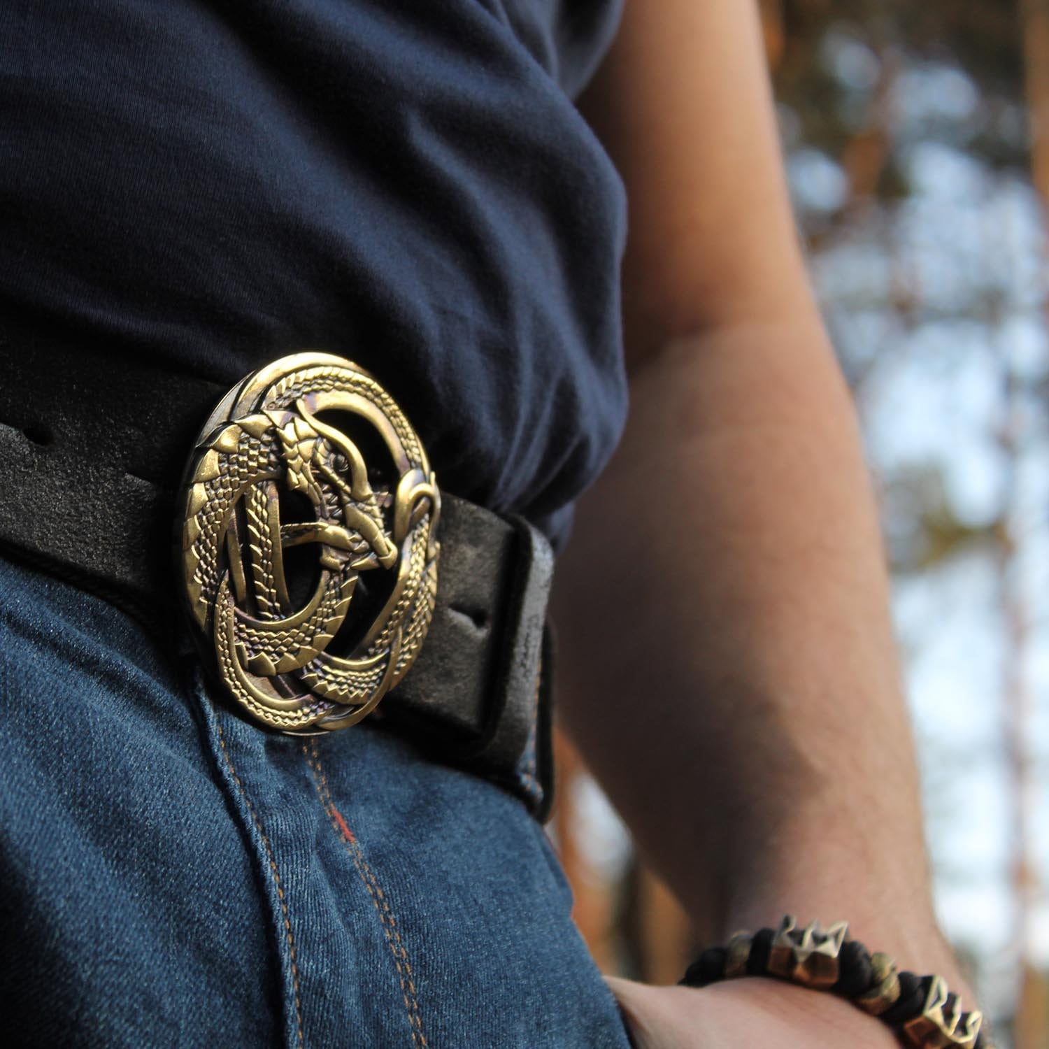 Leather Belt Ouroboros Buckle, Full Grain Leather Men Belt, Women