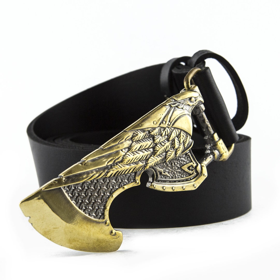 Leather Belt With Brass Belt Buckle Ax of God, Pagans God Weapon