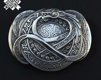 Gürtelschnalle Jormungand, altnordisch skandinavischer Drache Jormungandr Ouroboros massive 925 Sterling Silber Gürtelschnalle