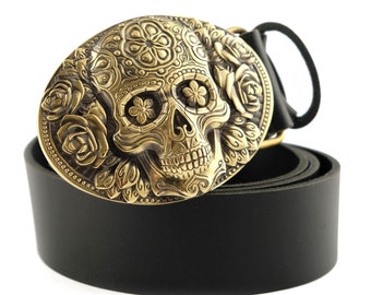 Leather belt with skull Santa Muerte, Mexican belt Skull El Día de Muertos, sugar skull, Nuestra Señora unisex  Full grain Leather belt